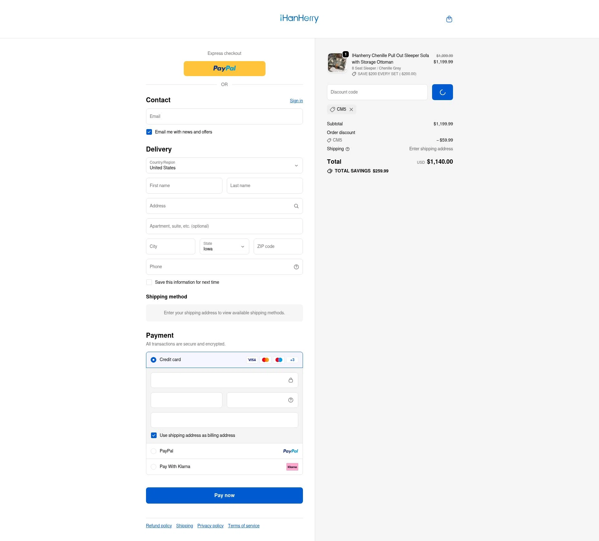 IHanherry checkout page showing IHanherry promo code box | Screenshot taken by SimplyCodes community member on Feb 4, 2026