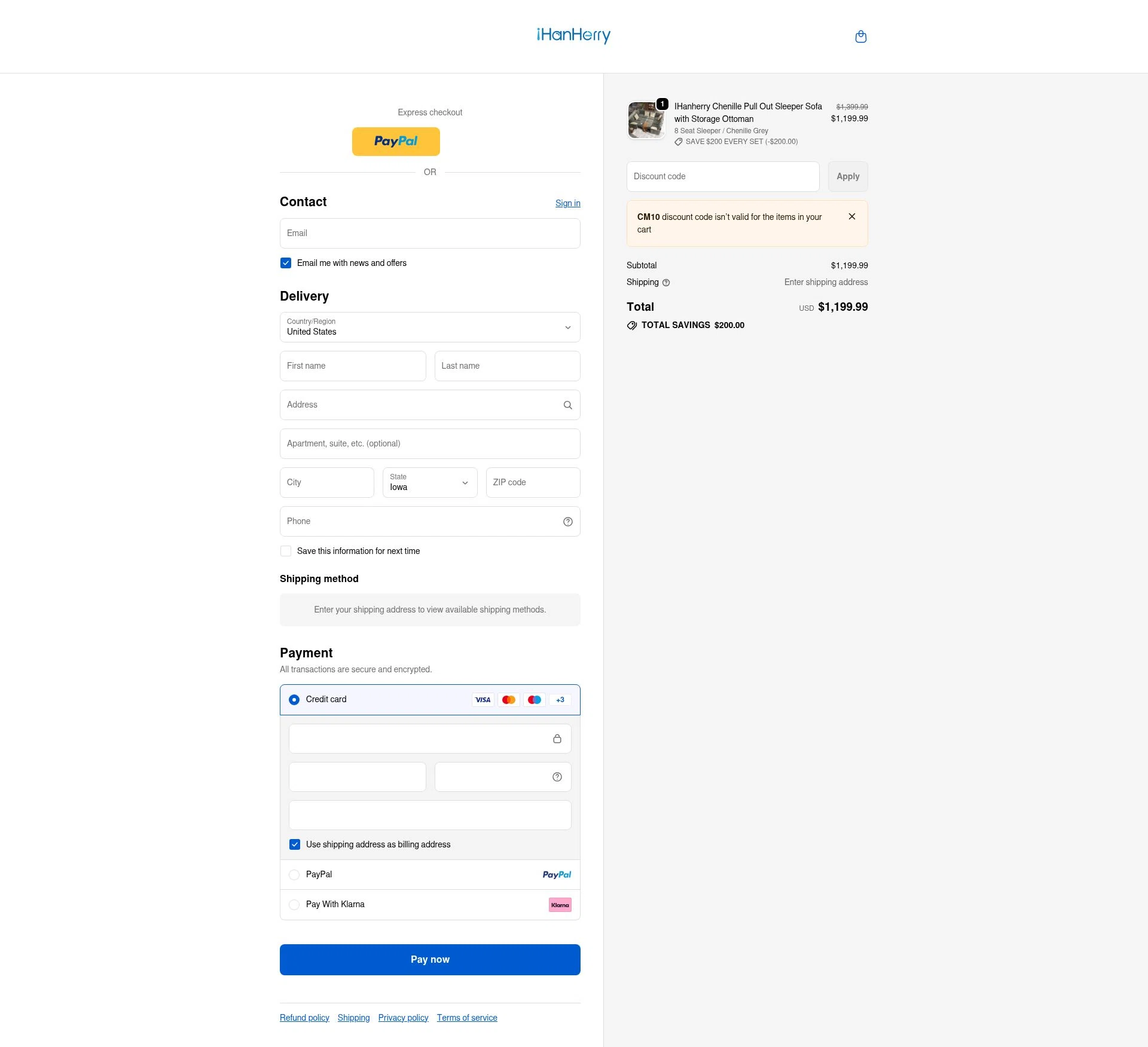 IHanherry checkout page showing IHanherry promo code box | Screenshot taken by SimplyCodes community member on Jan 22, 2026