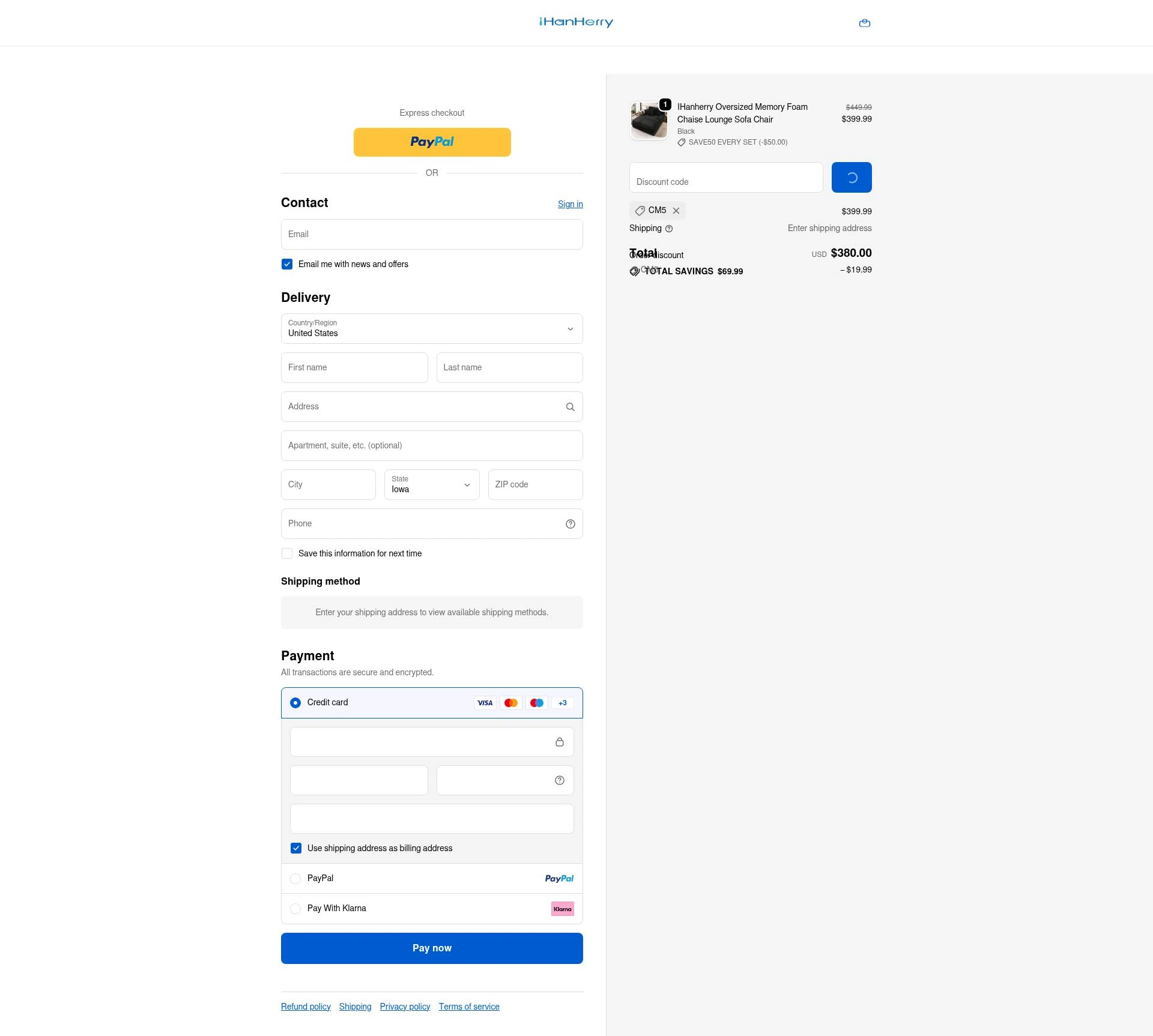 IHanherry checkout page showing IHanherry promo code box | Screenshot taken by SimplyCodes community member on Jan 17, 2026