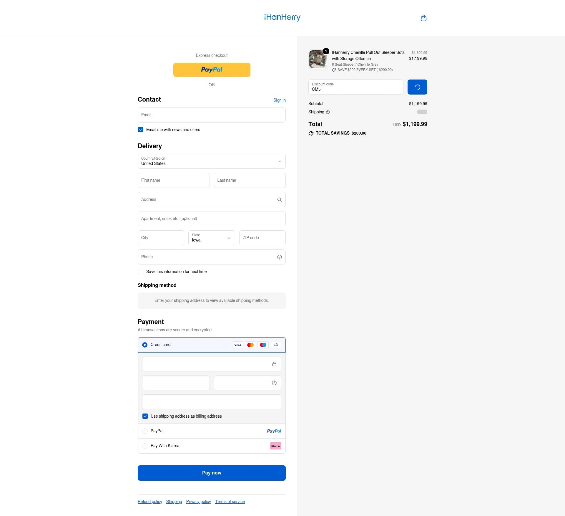IHanherry checkout page showing IHanherry promo code box | Screenshot taken by SimplyCodes community member on Jan 26, 2026