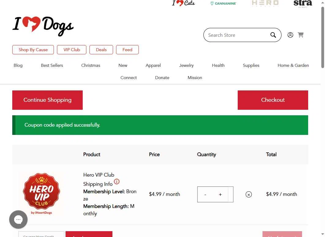 iHeartDogs checkout page showing iHeartDogs coupon code box | Screenshot taken by SimplyCodes community member on Jan 1, 2026