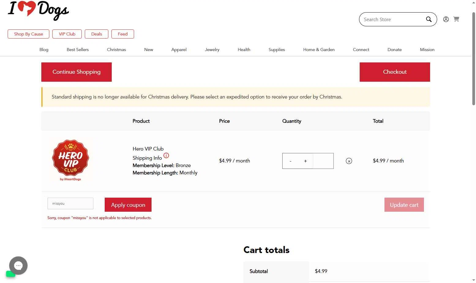 iHeartDogs checkout page showing iHeartDogs coupon code box | Screenshot taken by SimplyCodes community member on Jan 4, 2026