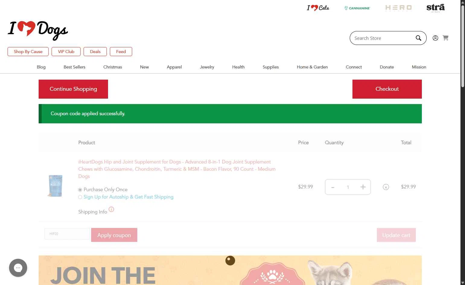 iHeartDogs checkout page showing iHeartDogs coupon code box | Screenshot taken by SimplyCodes community member on Jan 7, 2026