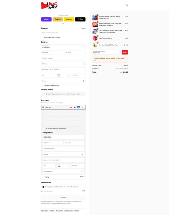 I Heart Guts checkout page showing I Heart Guts discount code box | Screenshot taken by SimplyCodes community member on Sep 16, 2025