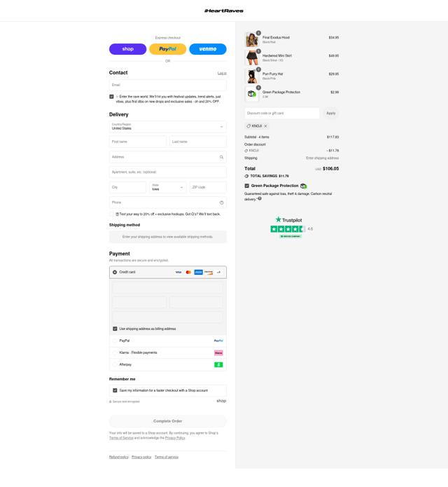 iHeartRaves checkout page showing iHeartRaves discount code box | Screenshot taken by SimplyCodes community member on Sep 4, 2025