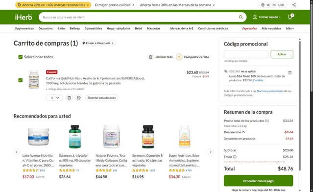iHerb.com checkout page showing iHerb.com promo code box | Screenshot taken by SimplyCodes community member on Aug 26, 2025