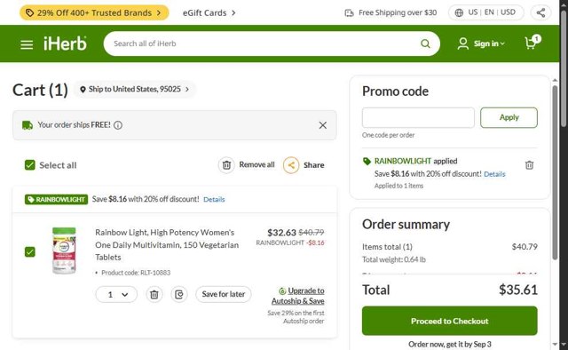 iHerb.com checkout page showing iHerb.com promo code box | Screenshot taken by SimplyCodes community member on Aug 28, 2025