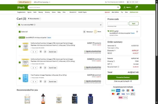 iHerb.com checkout page showing iHerb.com promo code box | Screenshot taken by SimplyCodes community member on Aug 16, 2025