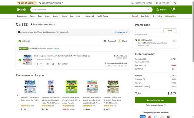 iHerb.com checkout page showing iHerb.com promo code box | Screenshot taken by SimplyCodes community member on Aug 20, 2025