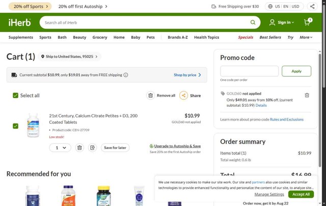 iHerb.com checkout page showing iHerb.com promo code box | Screenshot taken by SimplyCodes community member on Aug 19, 2025