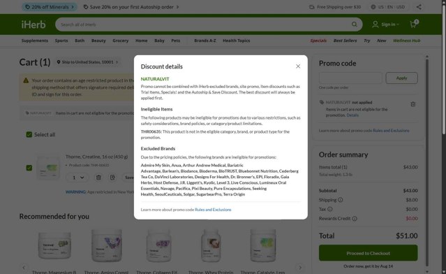 iHerb.com checkout page showing iHerb.com promo code box | Screenshot taken by SimplyCodes community member on Aug 12, 2025