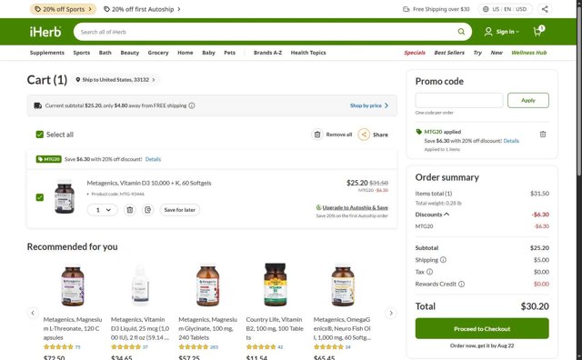 iHerb.com checkout page showing iHerb.com promo code box | Screenshot taken by SimplyCodes community member on Aug 20, 2025