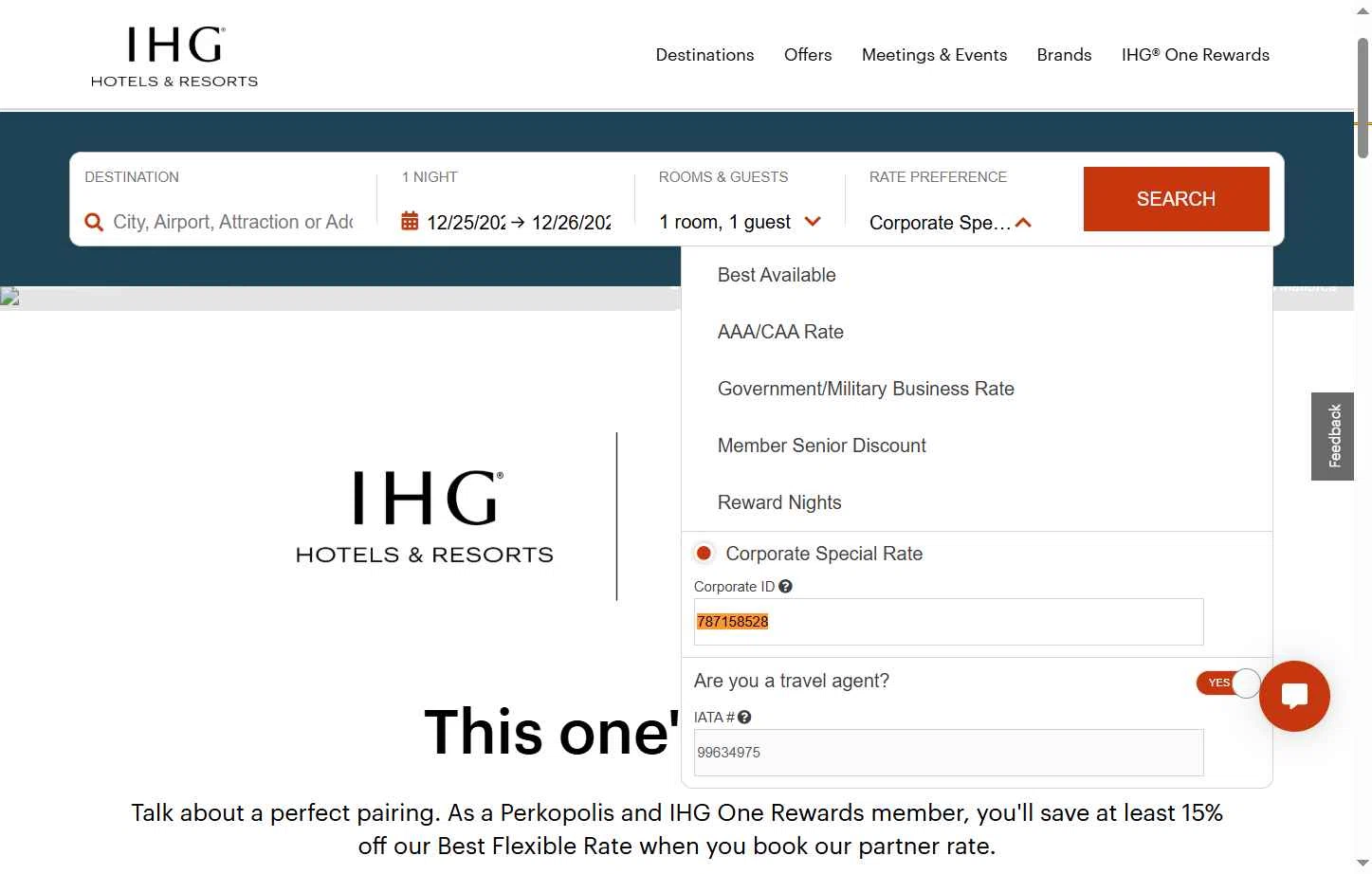 Verification screenshot for Discount Corporate Special Rate Code Applied Automatically at IHG — 5mo ago