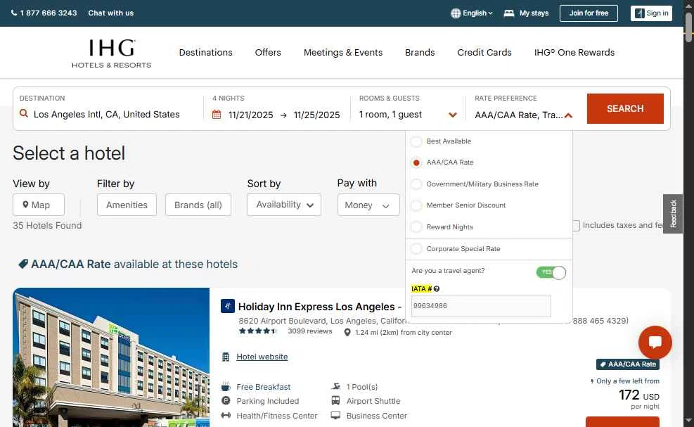 Verification screenshot for Aaa Discount Iata Code Aplied Automatically Select Items at IHG — 6mo ago