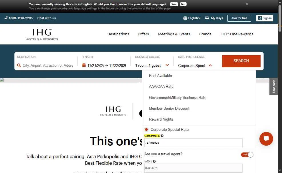 Verification screenshot for Discount Corporate Special Rate Code Applied Automatically at IHG — 6mo ago