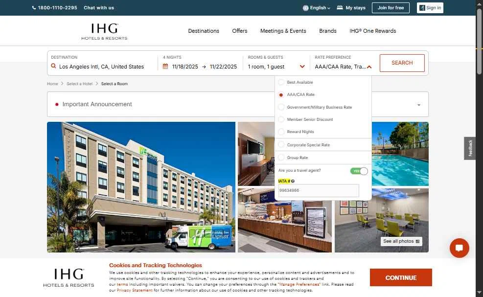 Verification screenshot for Aaa Discount Iata Code Aplied Automatically Select Items at IHG — 6mo ago