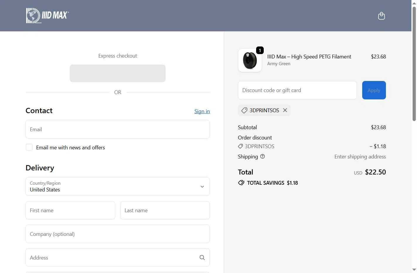 IIID MAX checkout page showing IIID MAX coupon code box | Screenshot taken by SimplyCodes community member on Jan 6, 2026