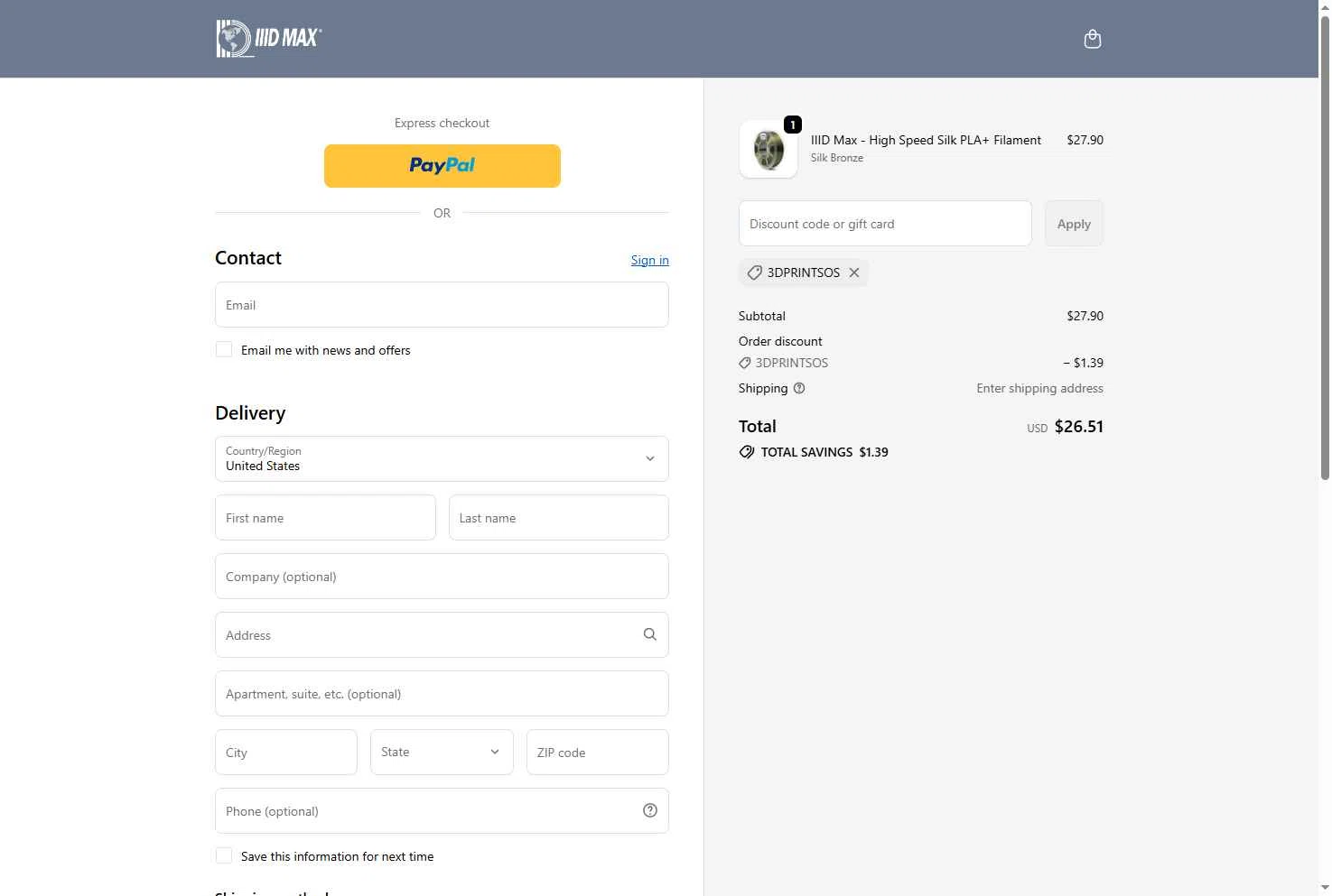 IIID MAX checkout page showing IIID MAX coupon code box | Screenshot taken by SimplyCodes community member on Dec 8, 2025