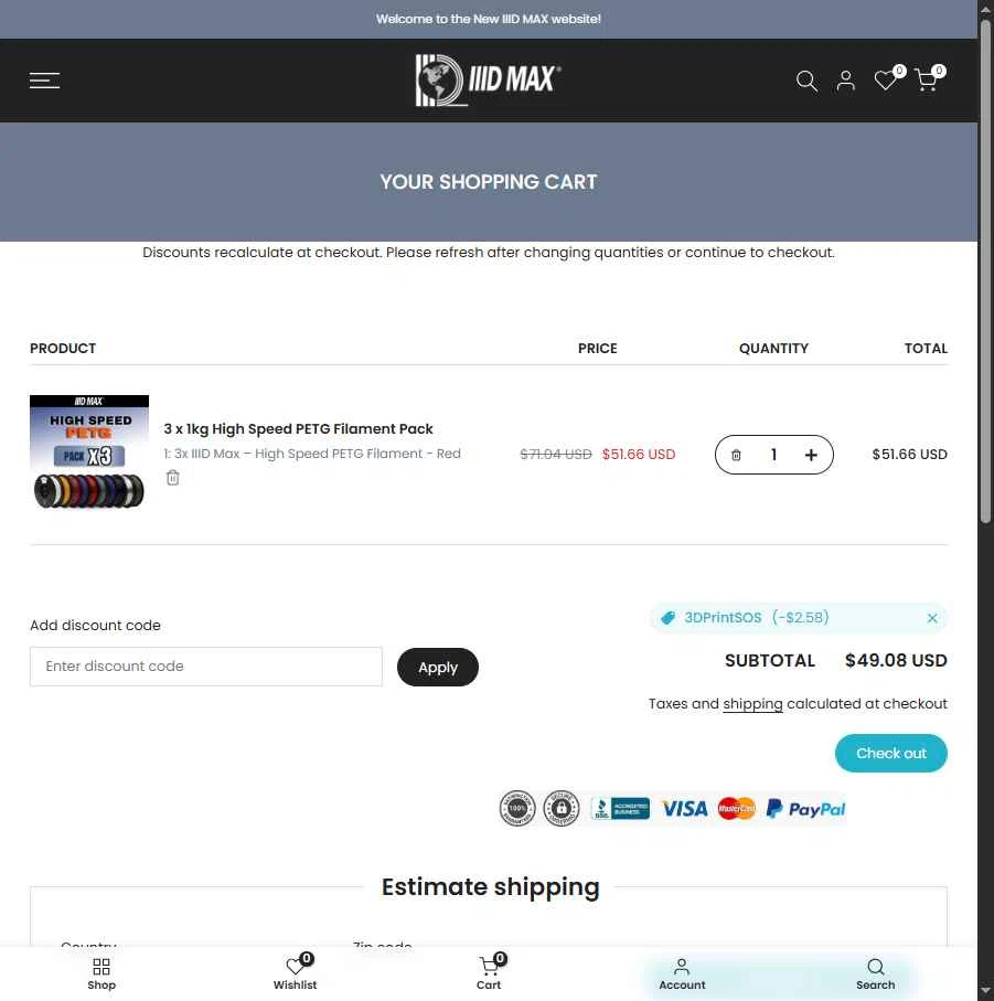 IIID MAX checkout page showing IIID MAX coupon code box | Screenshot taken by SimplyCodes community member on Feb 4, 2026