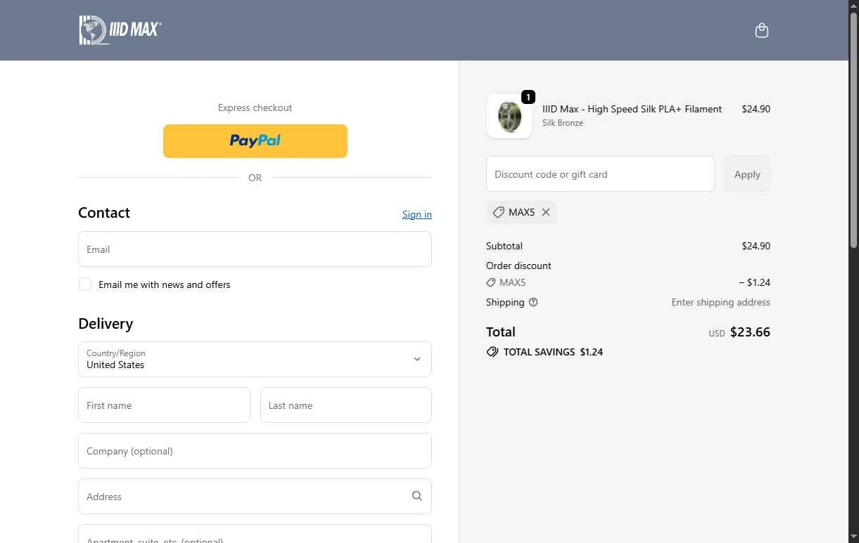 IIID MAX checkout page showing IIID MAX coupon code box | Screenshot taken by SimplyCodes community member on Dec 29, 2025