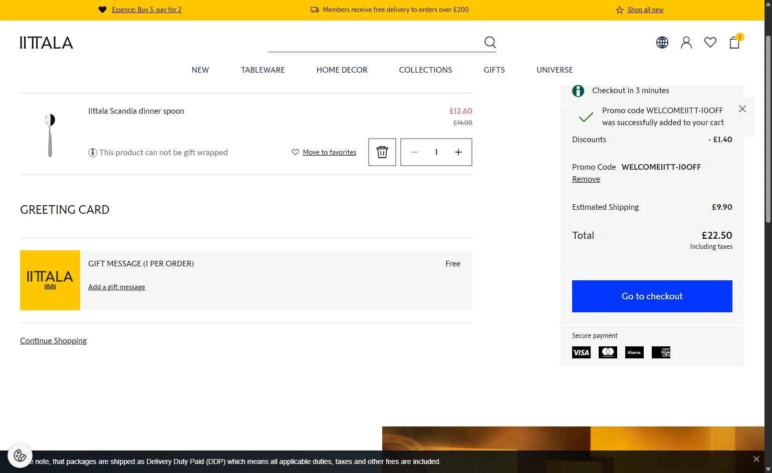 Iittala checkout page showing Iittala promo code box | Screenshot taken by SimplyCodes community member on Feb 6, 2026