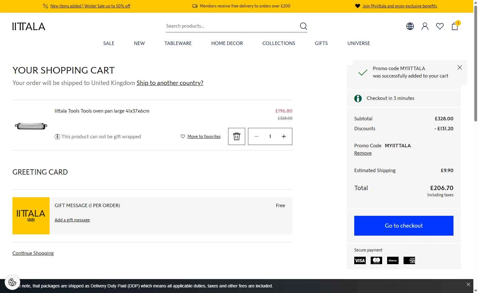 Iittala checkout page showing Iittala promo code box | Screenshot taken by SimplyCodes community member on Jan 11, 2026