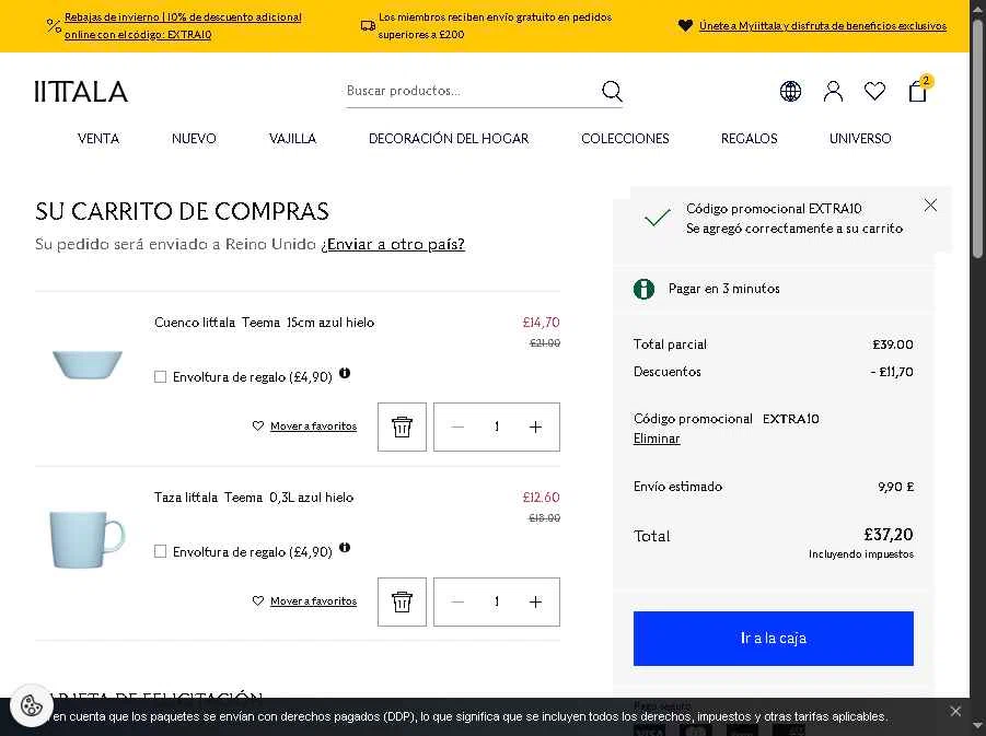 Iittala checkout page showing Iittala promo code box | Screenshot taken by SimplyCodes community member on Jan 22, 2026