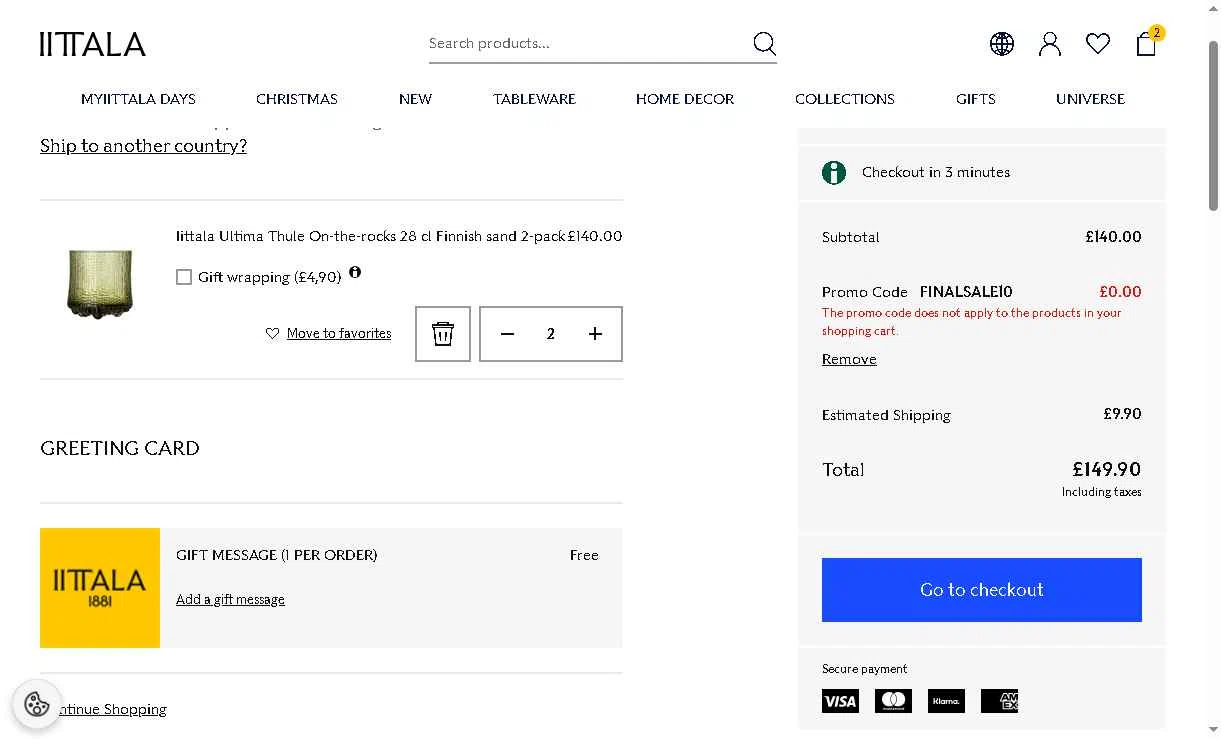 Iittala checkout page showing Iittala promo code box | Screenshot taken by SimplyCodes community member on Nov 4, 2025