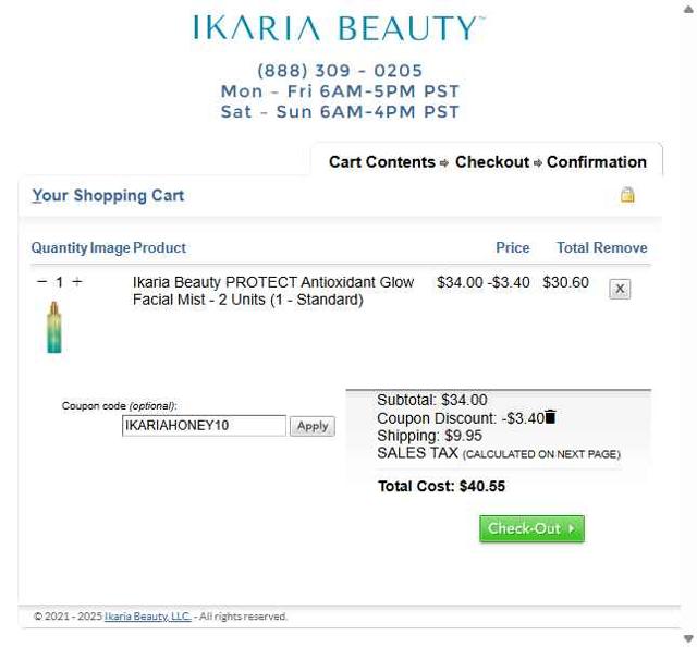 Ikaria Beauty checkout page showing Ikaria Beauty coupon code box | Screenshot taken by SimplyCodes community member on Jun 19, 2025