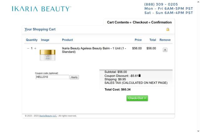Ikaria Beauty checkout page showing Ikaria Beauty coupon code box | Screenshot taken by SimplyCodes community member on Sep 4, 2025