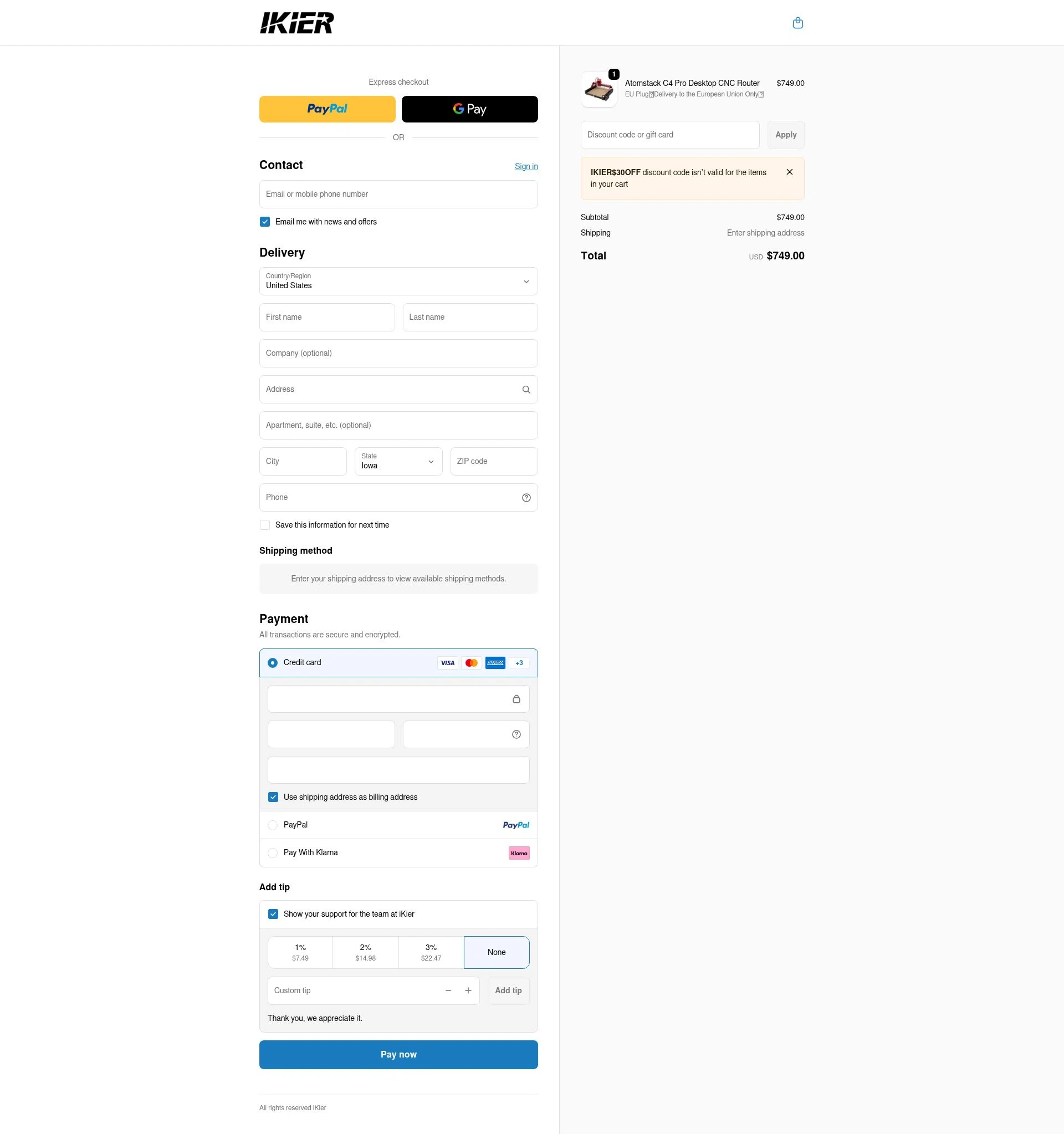 iKier checkout page showing iKier coupon code box | Screenshot taken by SimplyCodes community member on Dec 29, 2025