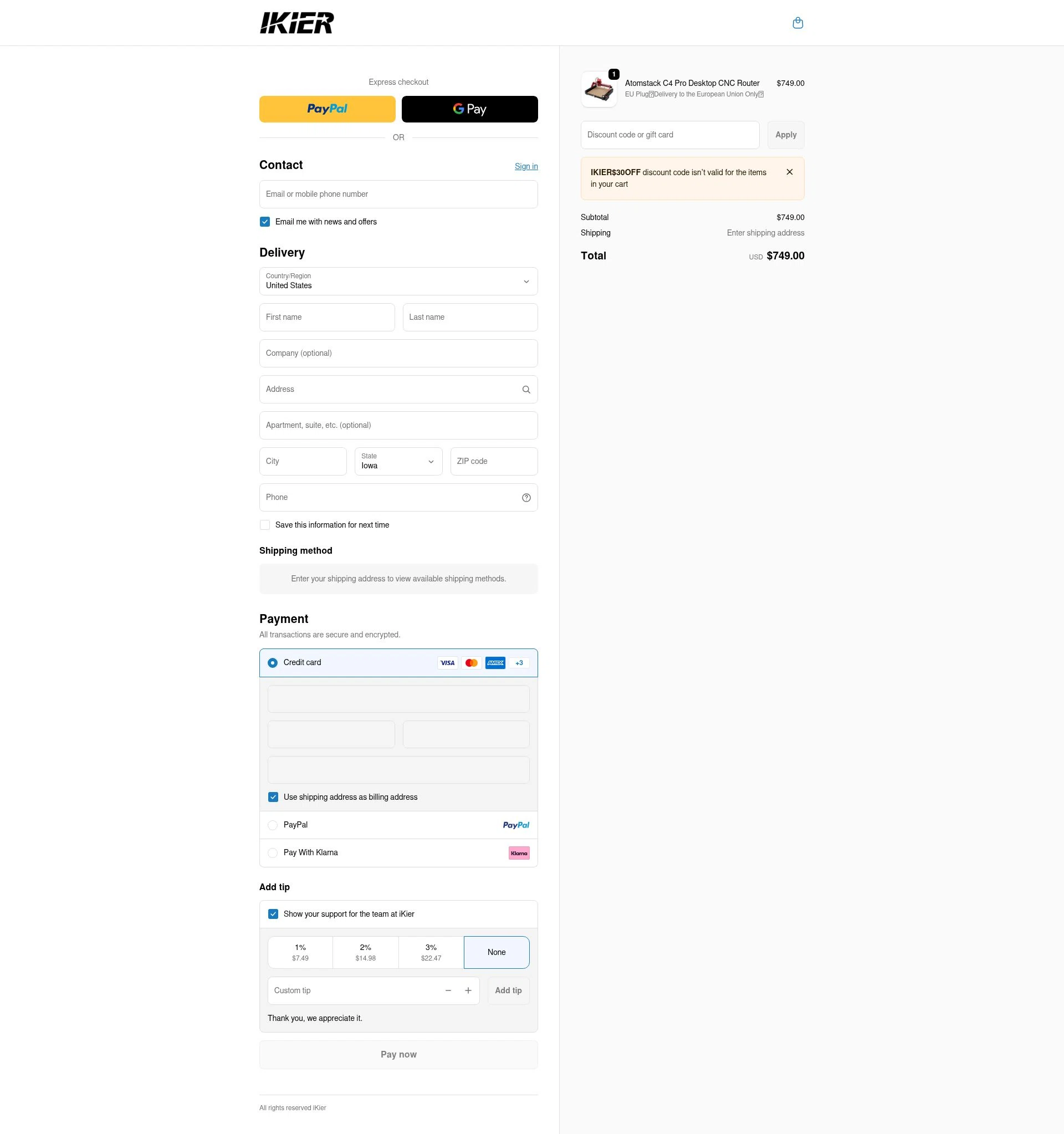 iKier checkout page showing iKier coupon code box | Screenshot taken by SimplyCodes community member on Jan 3, 2026