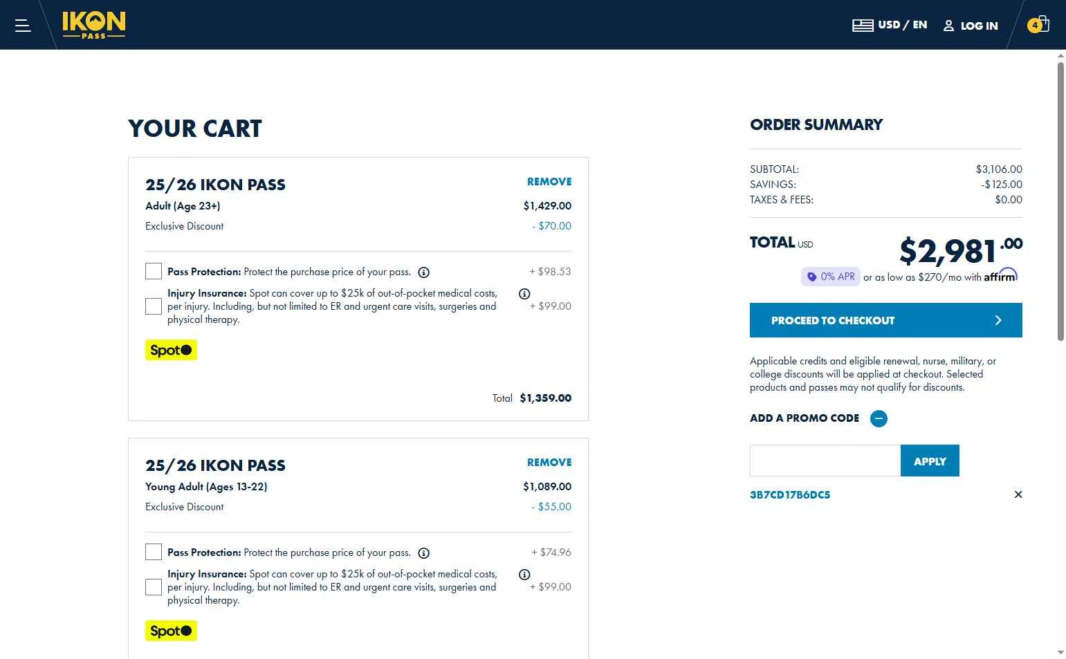 Ikon Pass checkout page showing Ikon Pass promo code box | Screenshot taken by SimplyCodes community member on Sep 30, 2025