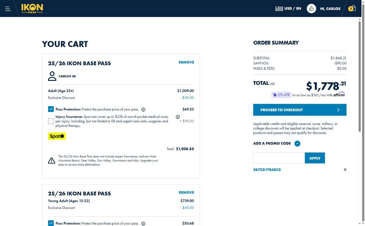 Ikon Pass checkout page showing Ikon Pass promo code box | Screenshot taken by SimplyCodes community member on Sep 30, 2025
