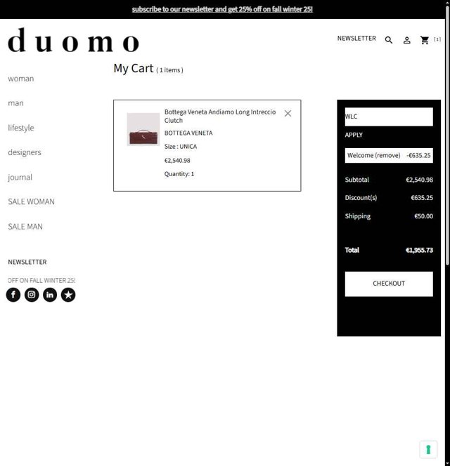 Il Duomo checkout page showing Il Duomo promo code box | Screenshot taken by SimplyCodes community member on Jul 27, 2025