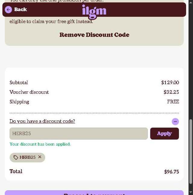 ILGM checkout page showing ILGM coupon code box | Screenshot taken by SimplyCodes community member on Aug 30, 2025