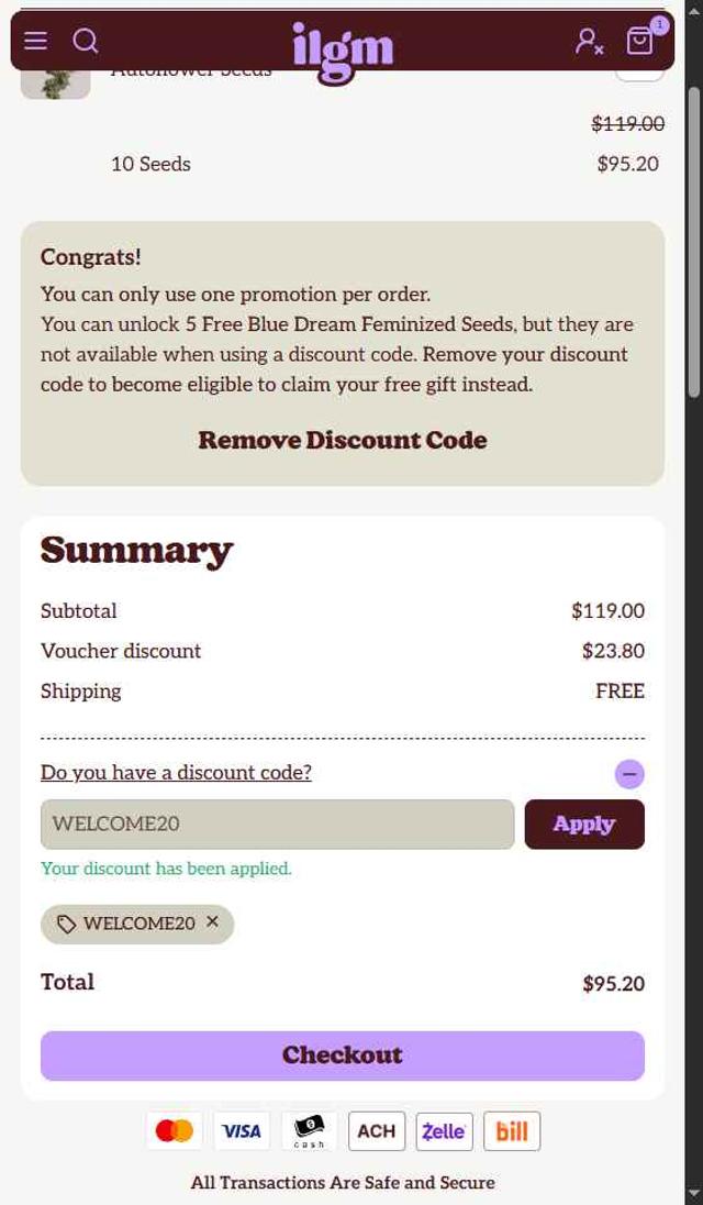 ILGM checkout page showing ILGM coupon code box | Screenshot taken by SimplyCodes community member on Aug 29, 2025