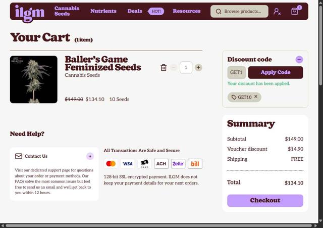 ILGM checkout page showing ILGM coupon code box | Screenshot taken by SimplyCodes community member on Aug 16, 2025