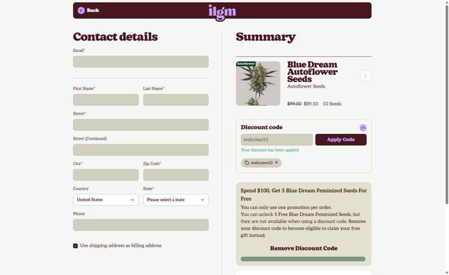 ILGM checkout page showing ILGM coupon code box | Screenshot taken by SimplyCodes community member on Sep 1, 2025