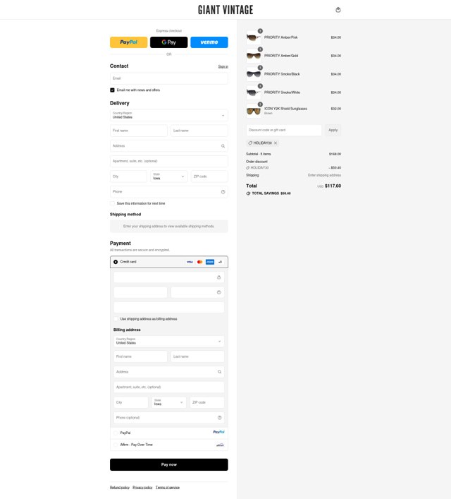 Giant Vintage checkout page showing Giant Vintage promo code box | Screenshot taken by SimplyCodes community member on Sep 9, 2025