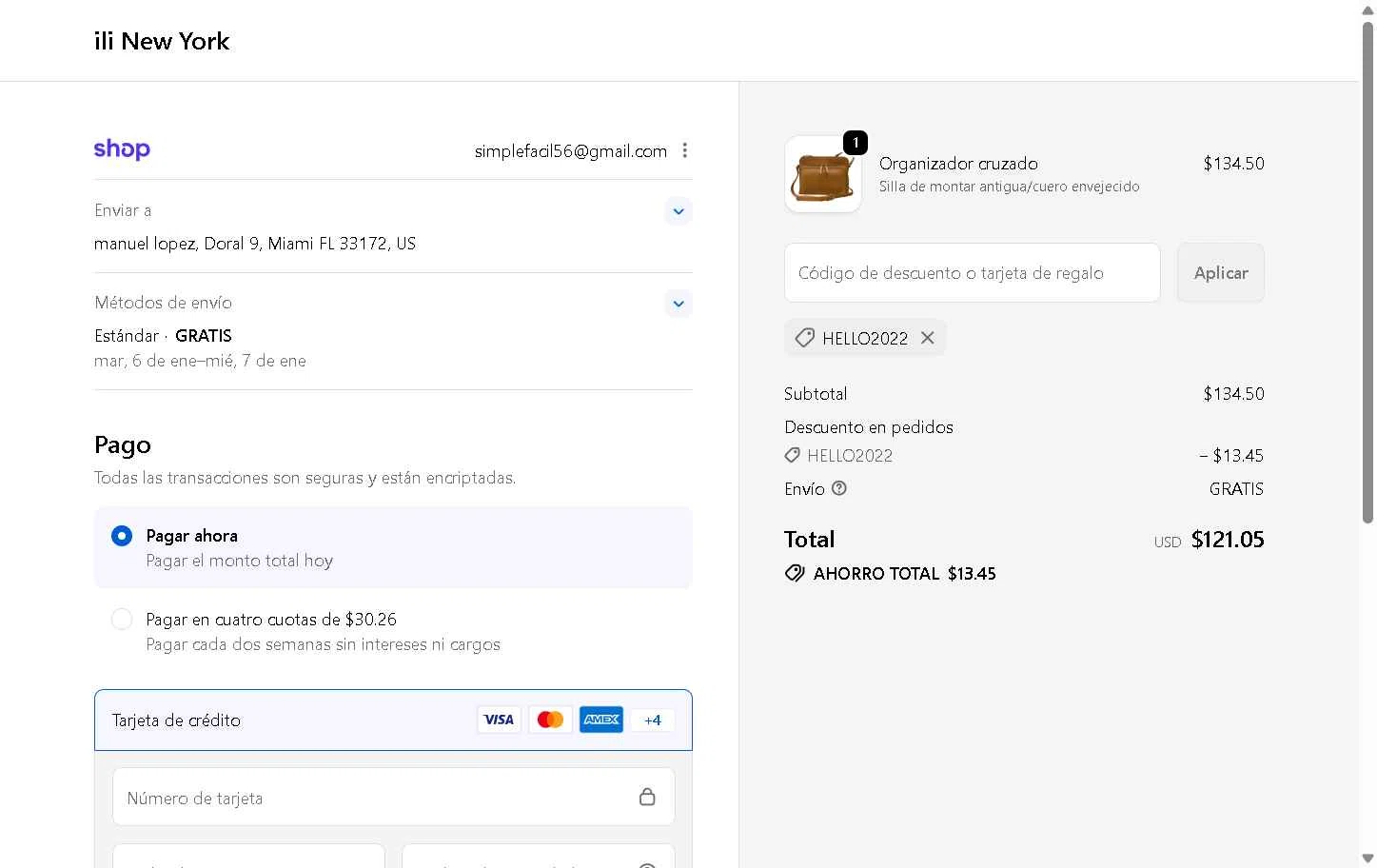 ili New York checkout page showing ili New York promo code box | Screenshot taken by SimplyCodes community member on Dec 30, 2025