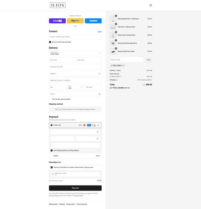 Ilios Lighting checkout page showing Ilios Lighting discount code box | Screenshot taken by SimplyCodes community member on Aug 27, 2025