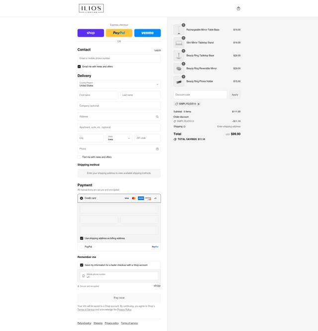Ilios Lighting checkout page showing Ilios Lighting discount code box | Screenshot taken by SimplyCodes community member on Aug 31, 2025