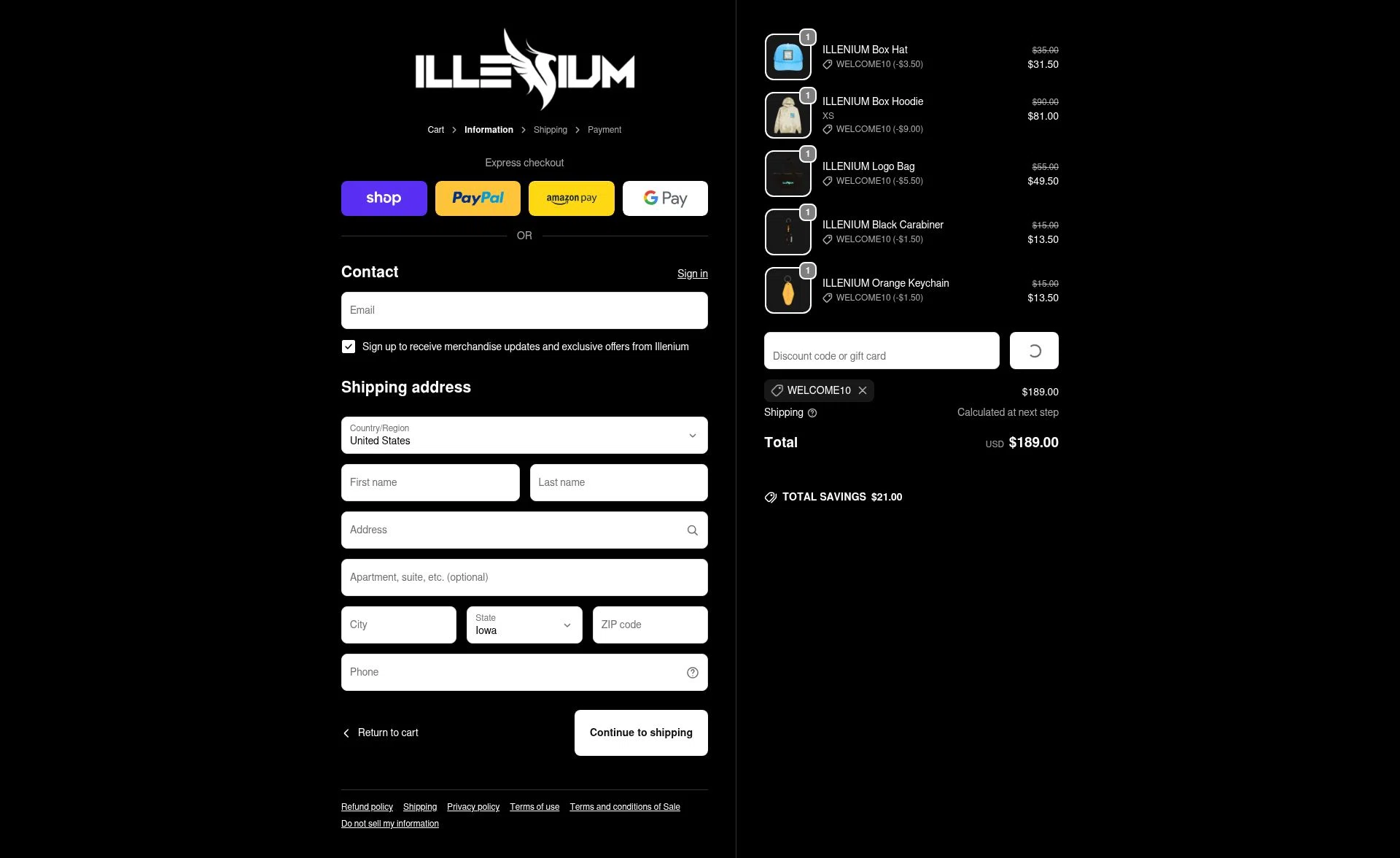 Illenium checkout page showing Illenium promo code box | Screenshot taken by SimplyCodes community member on Jan 23, 2026