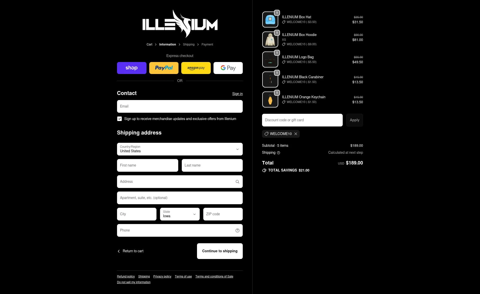 Illenium checkout page showing Illenium promo code box | Screenshot taken by SimplyCodes community member on Jan 3, 2026