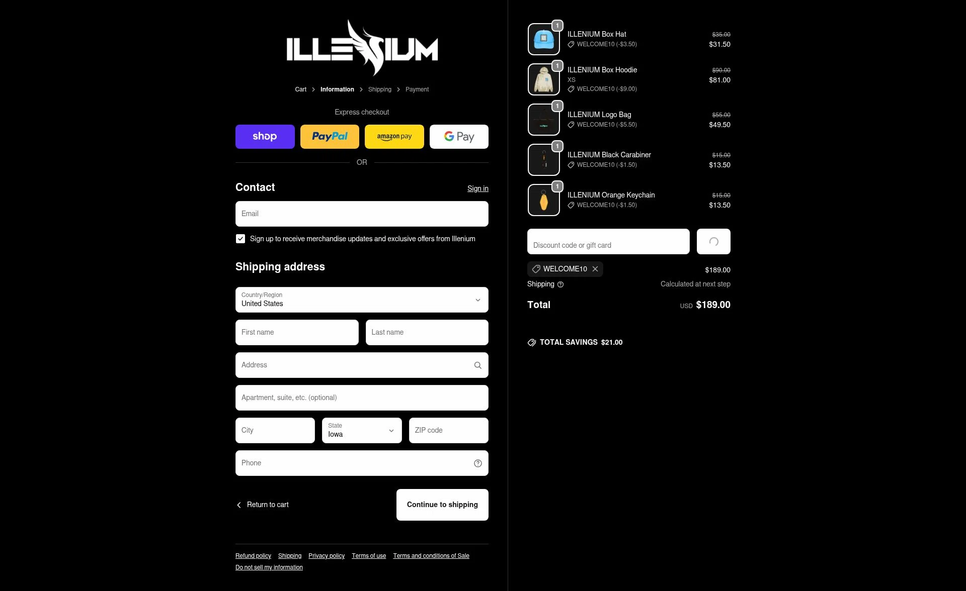 Illenium checkout page showing Illenium promo code box | Screenshot taken by SimplyCodes community member on Jan 13, 2026