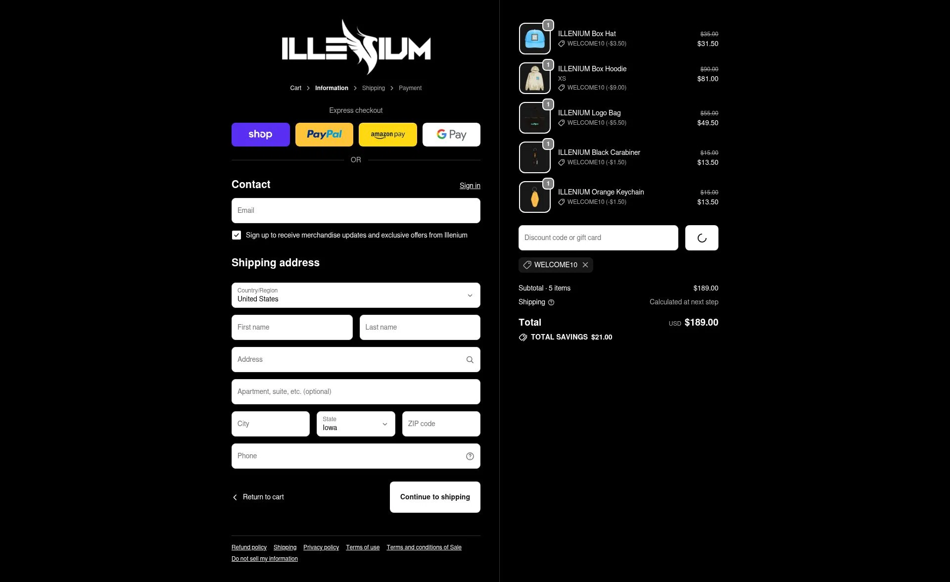 Illenium checkout page showing Illenium promo code box | Screenshot taken by SimplyCodes community member on Jan 18, 2026