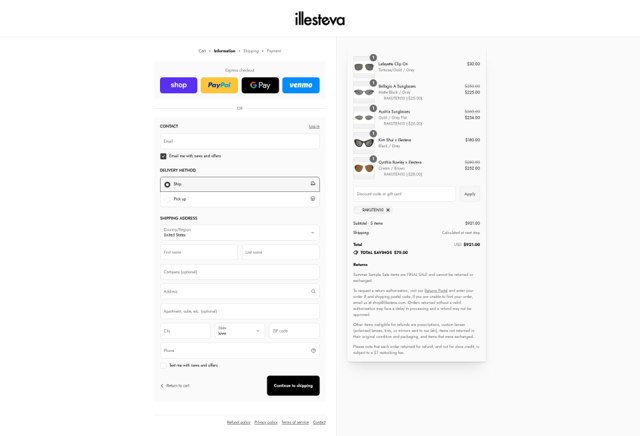 Illesteva checkout page showing Illesteva promo code box | Screenshot taken by SimplyCodes community member on Aug 31, 2025