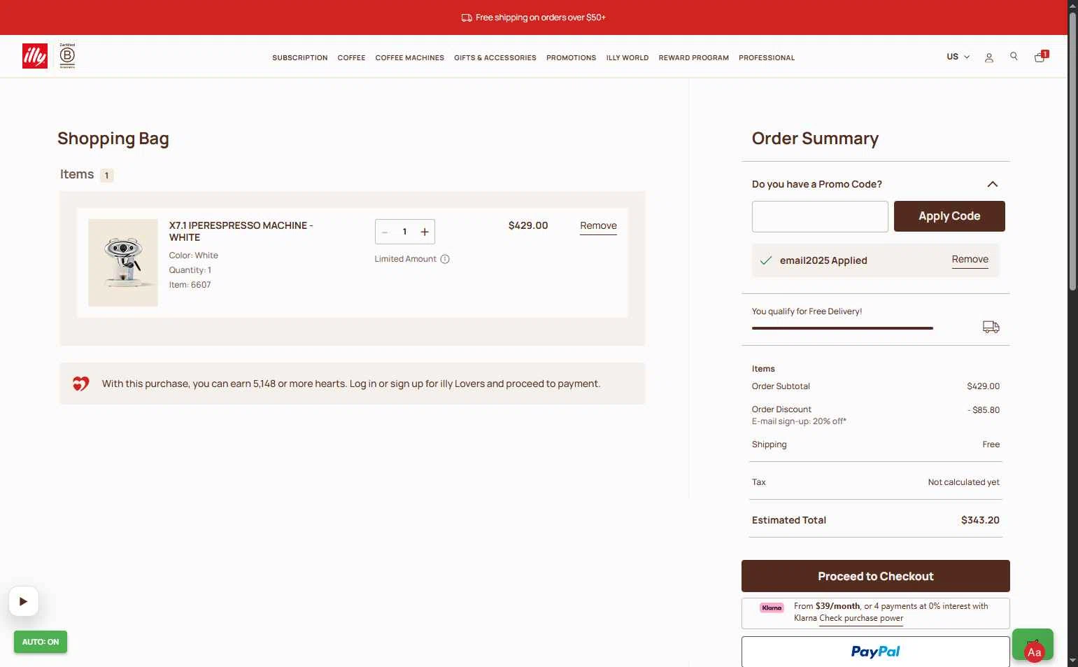 illycaffè checkout page showing illycaffè promo code box | Screenshot taken by SimplyCodes community member on Jan 11, 2026
