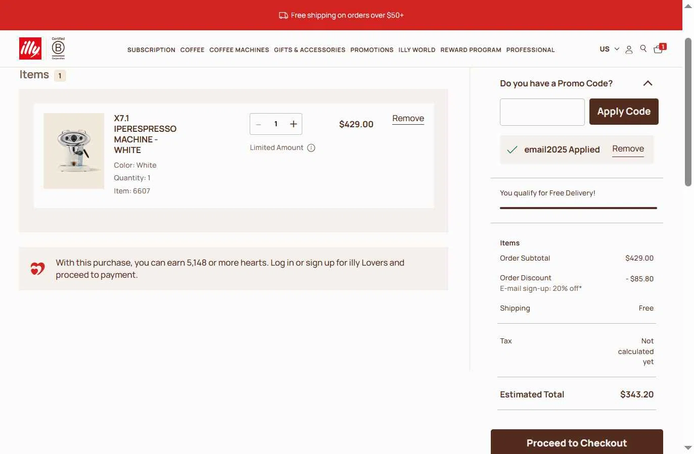 illycaffè checkout page showing illycaffè promo code box | Screenshot taken by SimplyCodes community member on Feb 7, 2026